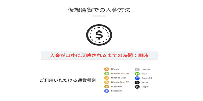 仮想通貨による入金の手数料・反映時間