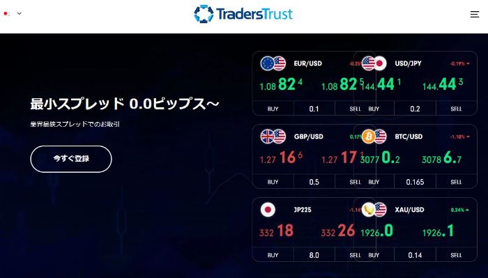 TradersTrust公式サイトトップ画面 